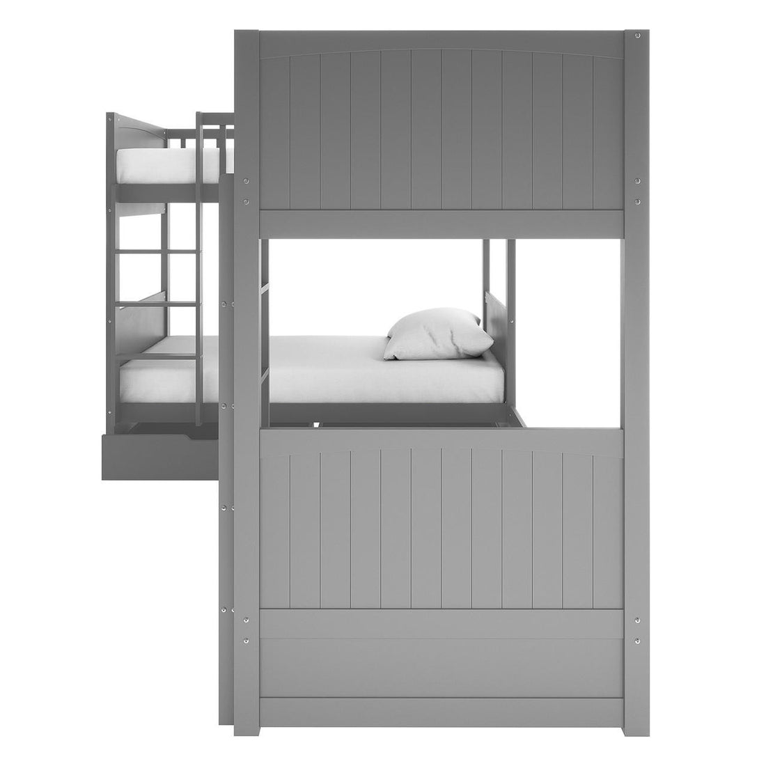 Lucy Solid Pine Wood Corner Triple Loft Bunk Bed in Grey features a two-level design with a top and bottom sleeping platform, ladder, and rail supports, optimizing space for shared or small bedrooms.