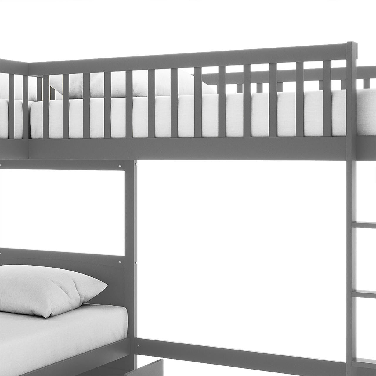Lucy Solid Pine Wood Corner Triple Loft Bunk Bed in Grey featuring a two-tier design with visible guardrails, a ladder, and a storage drawer beneath the bottom bunk, showcasing a practical, space-saving setup.