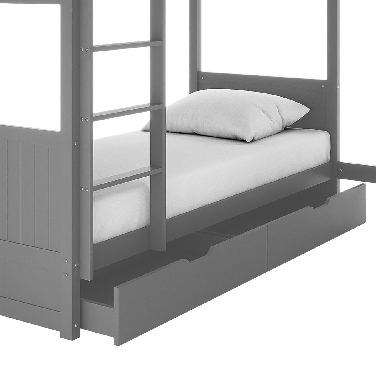 Lucy Solid Pine Wood Corner Triple Loft Bunk Bed in Grey, featuring a lower bunk with mattress, ladder to top bunk, and built-in pull-out storage drawers, displaying its space-saving design and durability.