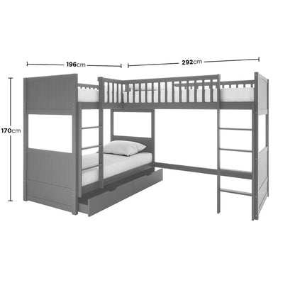 Lucy Solid Pine Corner Triple Loft Bunk Bed in Grey features an L-shaped design with upper guardrails, two vertical ladders, and two pull-out drawers, maximizing space for storage and play.