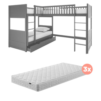 Lucy Triple Bunk Bed with Thermis Mattress Package, showcasing an L-shaped design with stacked single beds and a lofted single, emphasizing space-saving functionality and sturdy solid pine construction.