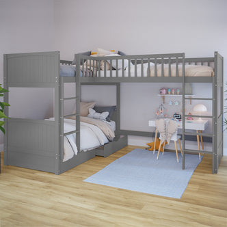 Lucy Triple Bunk Bed with Thermis Mattress Package: L-shaped solid pine corner bunk bed with three stacked beds, featuring a loft area and built-in storage, designed for space-saving and comfort.