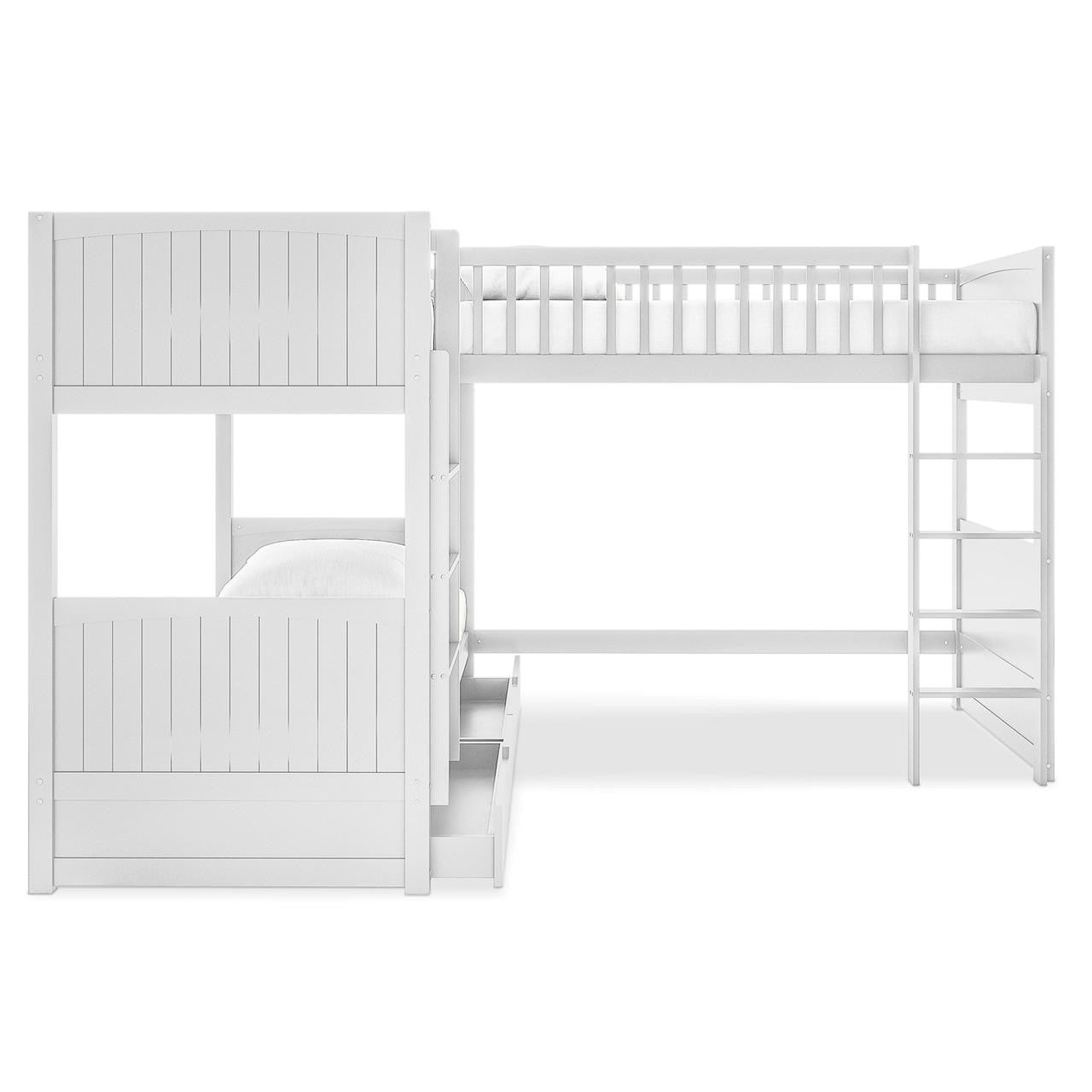 Lucy Solid Pine Wood Corner Triple Loft Bunk Bed in White features an L-shaped design with a two-tier bunk on the left, a loft bed on the right, and built-in drawers for storage.