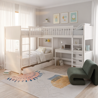 Lucy Solid Pine Wood Corner Triple Loft Bunk Bed in White featuring a top bunk, work desk with laptop, and shelving with books and decor, exemplifies a sleek, multi-functional kids' room design.