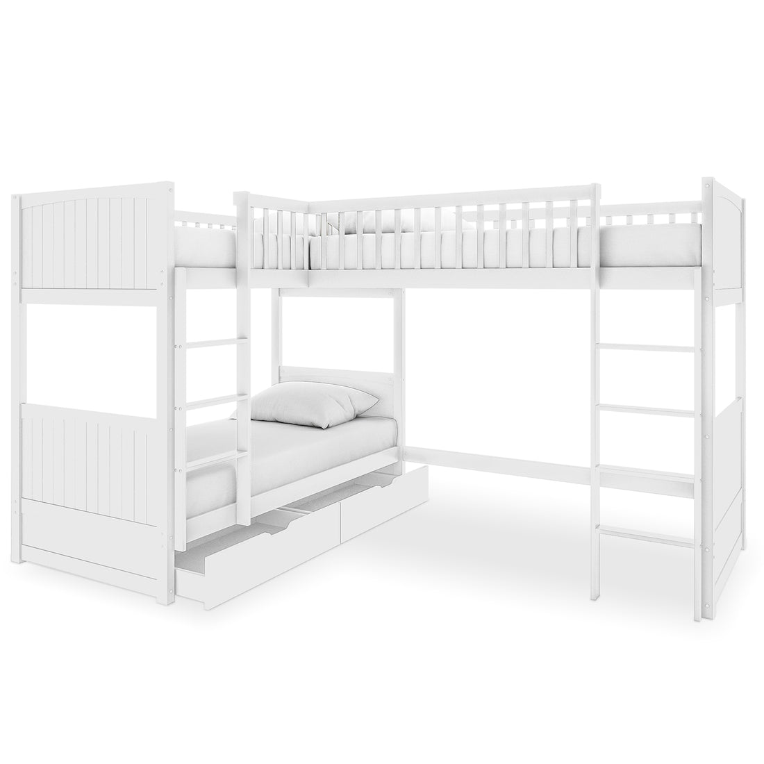 Lucy Solid Pine Wood Corner Triple Loft Bunk Bed in White, featuring an L-shaped design with upper and lower bunks, guard rails, ladders, slatted headboards, and two pull-out storage drawers.