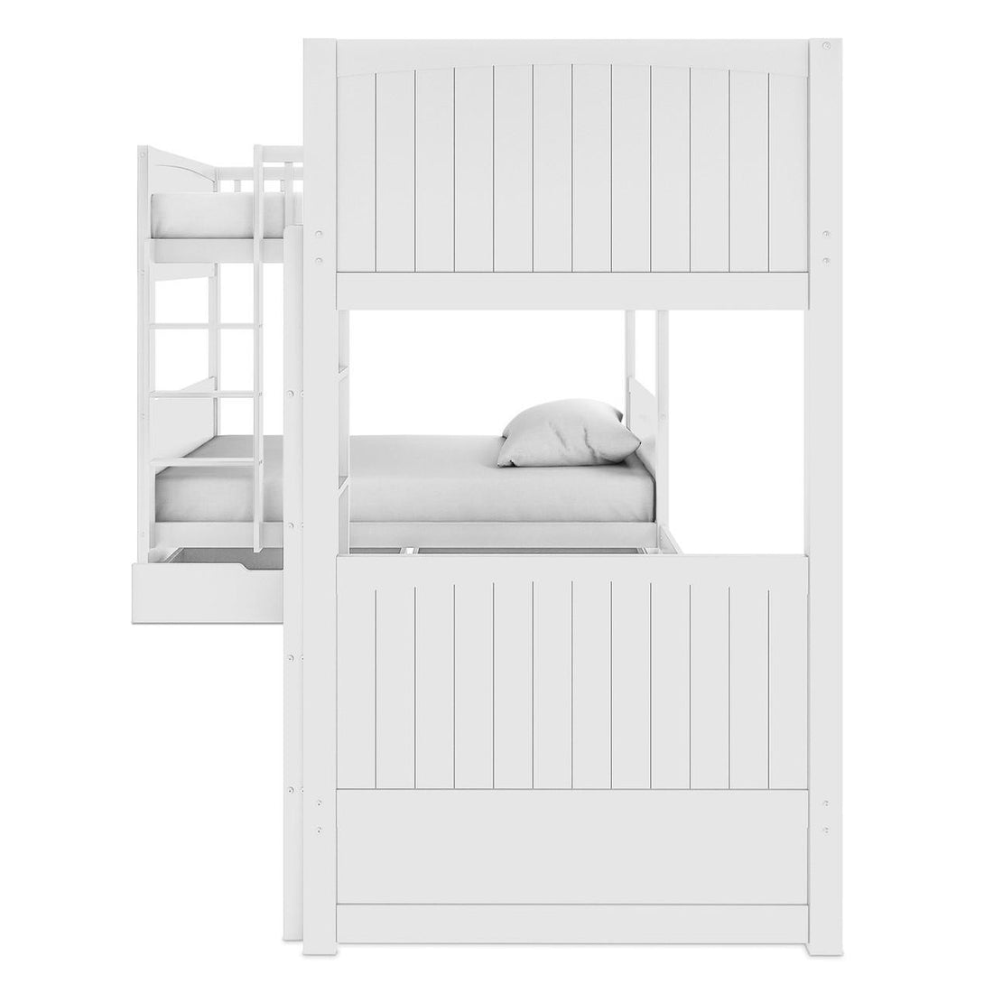 Lucy Solid Pine Wood Corner Triple Loft Bunk Bed in White features a twin-over-twin configuration with slatted headboards, an integrated ladder, and a pull-out drawer beneath the lower bunk for added functionality.