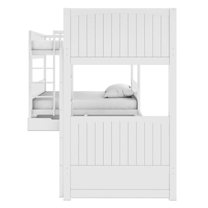 Lucy Solid Pine Wood Corner Triple Loft Bunk Bed in White features a twin-over-twin configuration with slatted headboards, an integrated ladder, and a pull-out drawer beneath the lower bunk for added functionality.