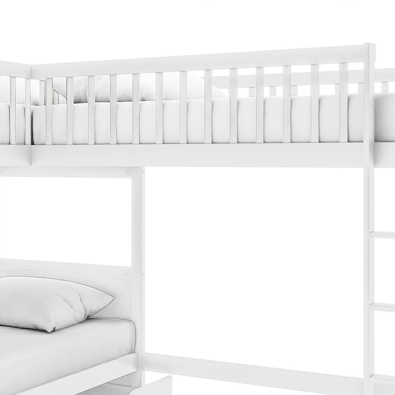 Lucy Solid Pine Wood Corner Triple Loft Bunk Bed in White, showcasing a top bunk with a slatted guardrail, right-side ladder, and lower bunk, ideal for maximizing space in shared children's rooms.