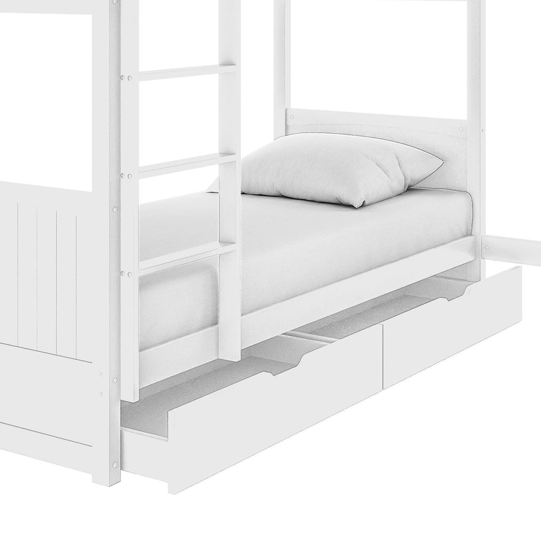 Lucy Solid Pine Wood Corner Triple Loft Bunk Bed in White features a visible lower section with a mattress, pillow, two pull-out storage drawers, and a vertical ladder on the left side.