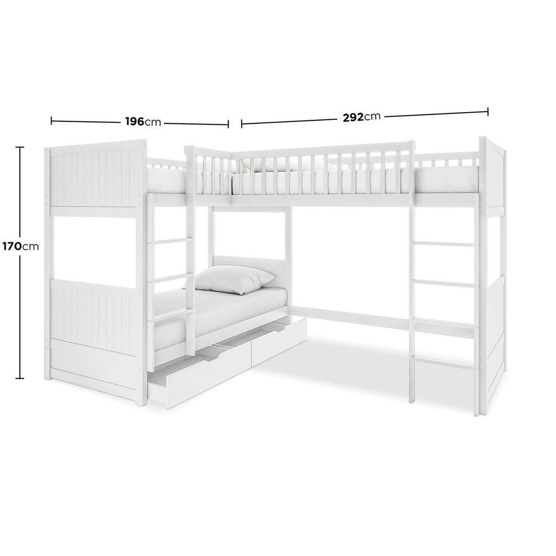Lucy Solid Pine Wood Corner Triple Loft Bunk Bed in White features an L-shaped design with a top bunk guardrail, two ladders, slatted headboards, and built-in storage drawers underneath for efficient space use.