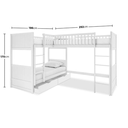 Lucy Solid Pine Wood Corner Triple Loft Bunk Bed in White features an L-shaped design with a top bunk guardrail, two ladders, slatted headboards, and built-in storage drawers underneath for efficient space use.