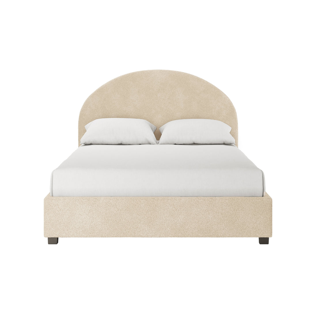 Lunia Double Bouclé Gas Lift Storage Bed Frame in Cream Beige featuring a low-profile platform, soft upholstered fabric, large arched headboard, and white bedding, showcasing elegance and functionality.