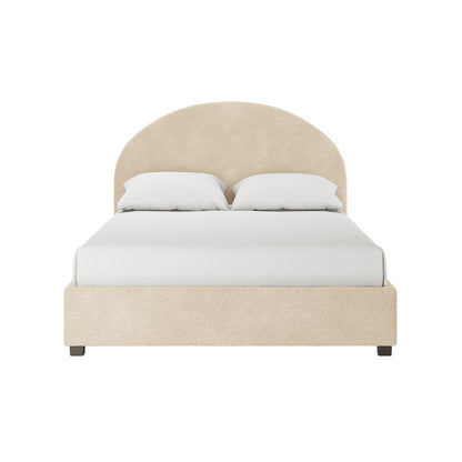 Lunia Double Bouclé Gas Lift Storage Bed Frame in Cream Beige featuring a low-profile platform, soft upholstered fabric, large arched headboard, and white bedding, showcasing elegance and functionality.
