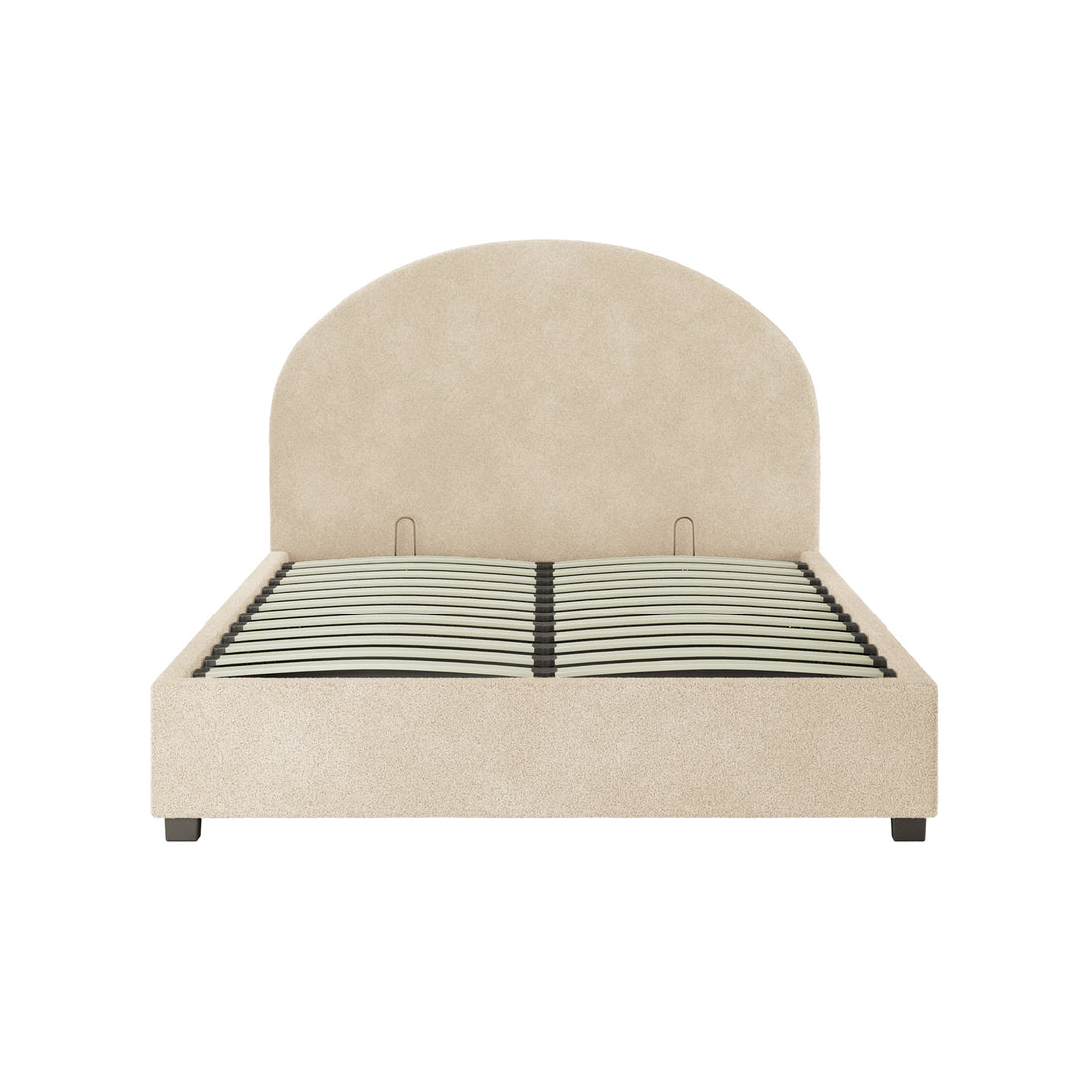 Lunia Double Bouclé Gas Lift Storage Bed Frame in Cream Beige, featuring a light beige bouclé fabric with an arched headboard, low foot and side rails, and short blocky feet.