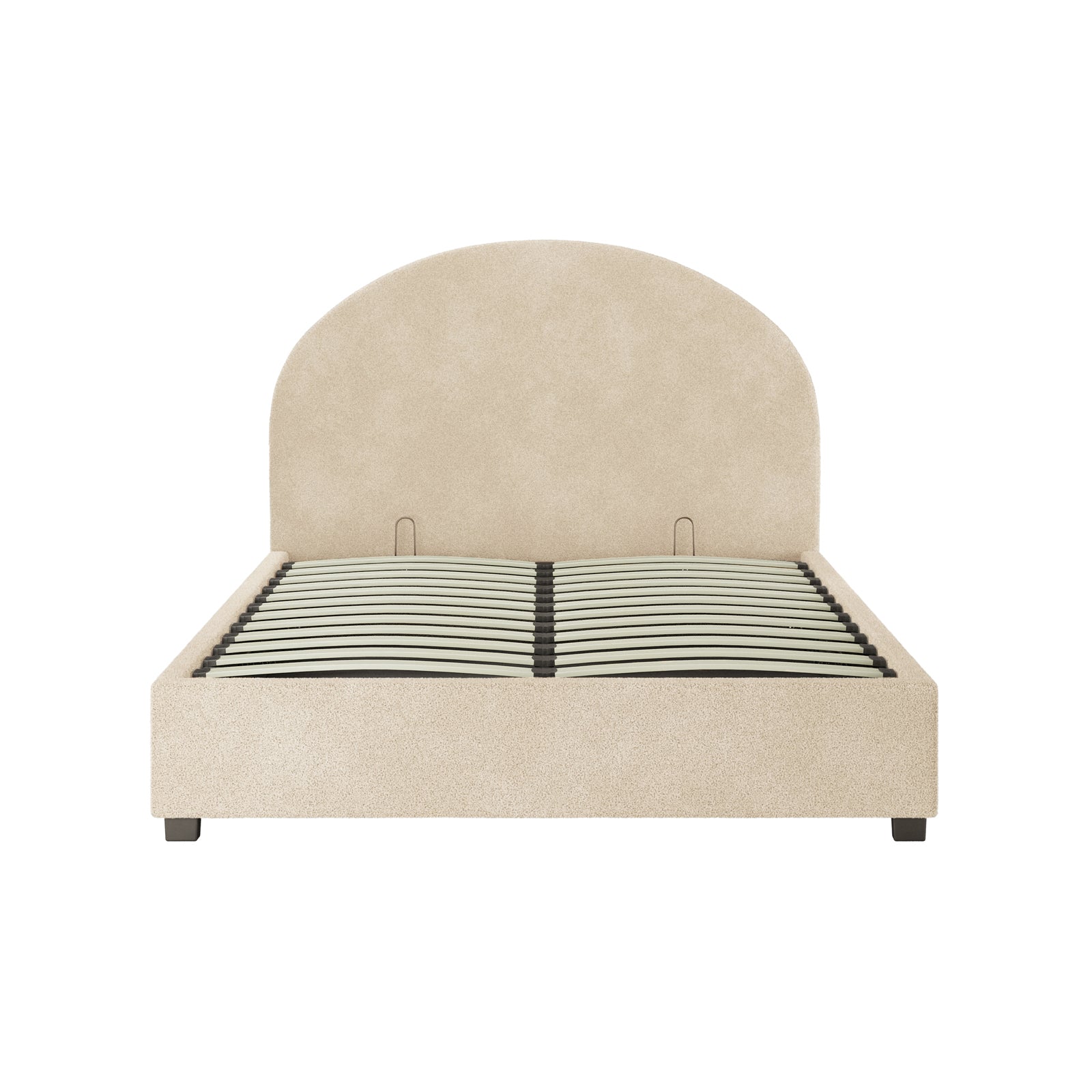 Lunia Double Bouclé Gas Lift Storage Bed Frame in Cream Beige, featuring a light beige bouclé fabric with an arched headboard, low foot and side rails, and short blocky feet.