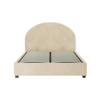 Lunia Double Bouclé Gas Lift Storage Bed Frame in Cream Beige, featuring a light beige bouclé fabric with an arched headboard, low foot and side rails, and short blocky feet.