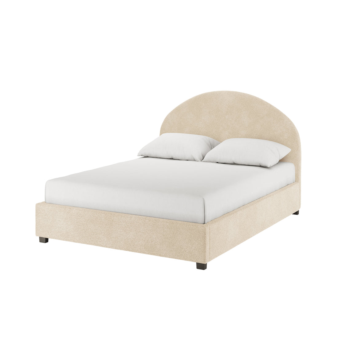 Lunia Bouclé Bed Frame w/ Gas Lift Storage - Cream Beige Double features a light beige arched headboard, matching low-profile rails, a white mattress, and pillows, offering stylish storage and elegance.
