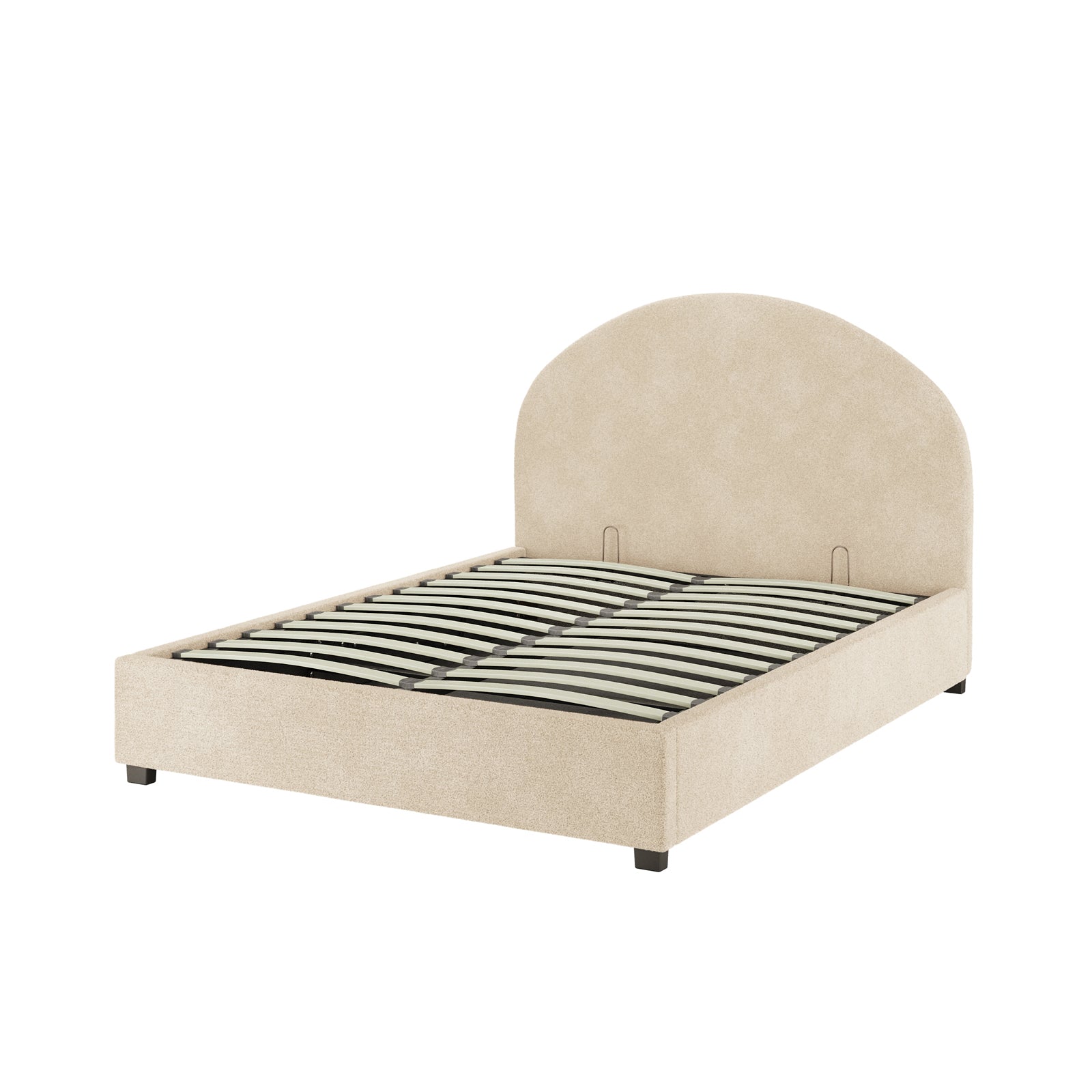 Lunia Double Bouclé Gas Lift Storage Bed Frame in Cream Beige features a low-profile design with a padded, curved headboard and wooden slats. The frame rests on square block feet, showing its upholstered structure.