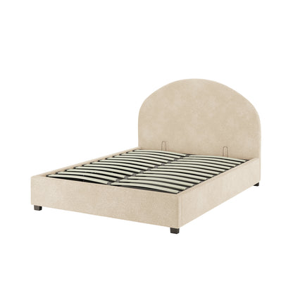 Lunia Double Bouclé Gas Lift Storage Bed Frame in Cream Beige features a low-profile design with a padded, curved headboard and wooden slats. The frame rests on square block feet, showing its upholstered structure.
