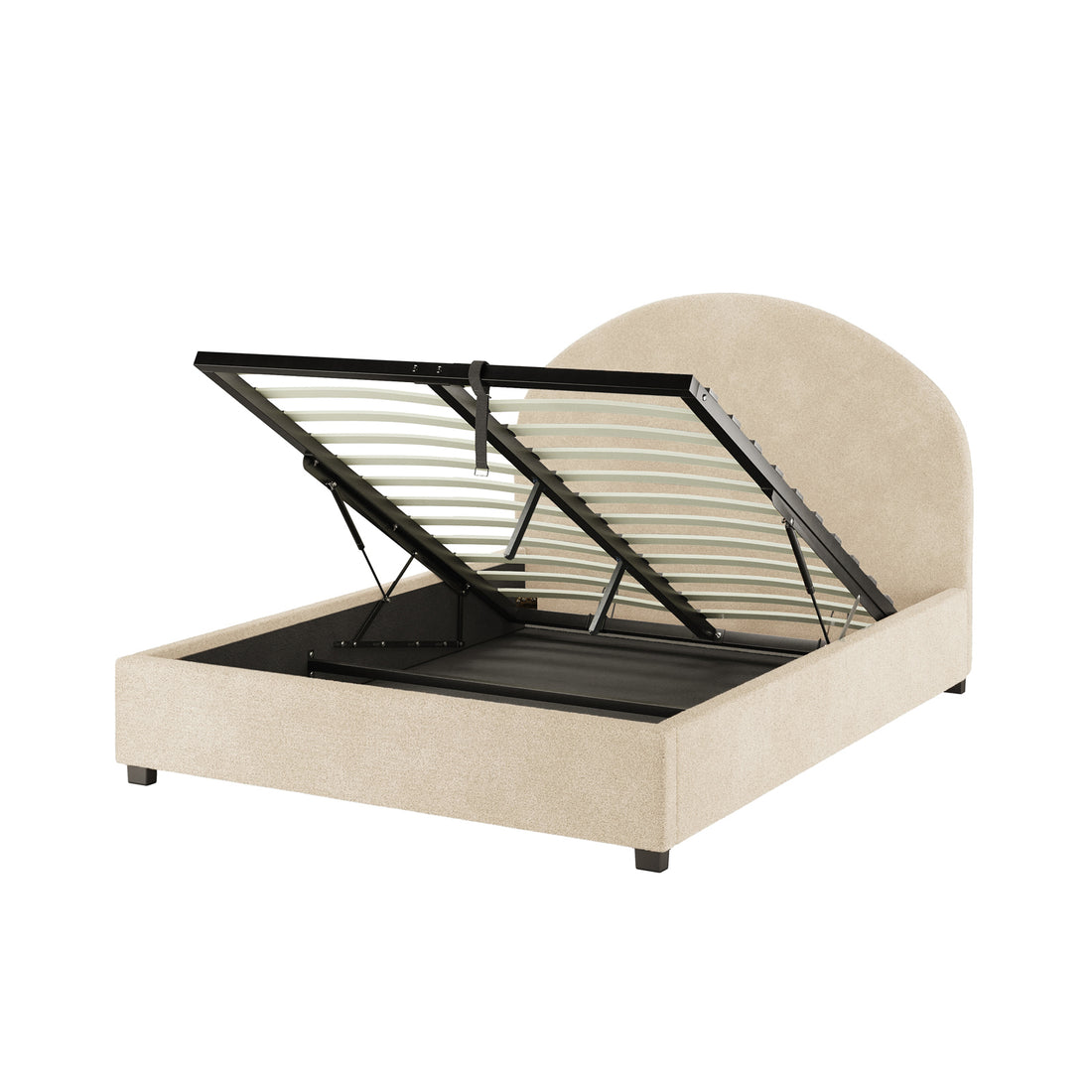 Lunia Double Bouclé Gas Lift Storage Bed Frame in Cream Beige with an upholstered platform, slatted base, and hidden storage revealed by an upward hinge. Ideal for stylish and organized bedrooms.