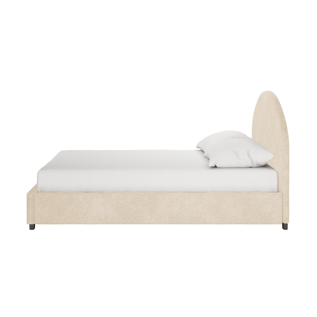 Lunia Double Bouclé Gas Lift Storage Bed Frame in Cream Beige, featuring a side-view of its upholstered platform, gently arched headboard, white mattress, and pillow, showcasing elegant design and practicality.