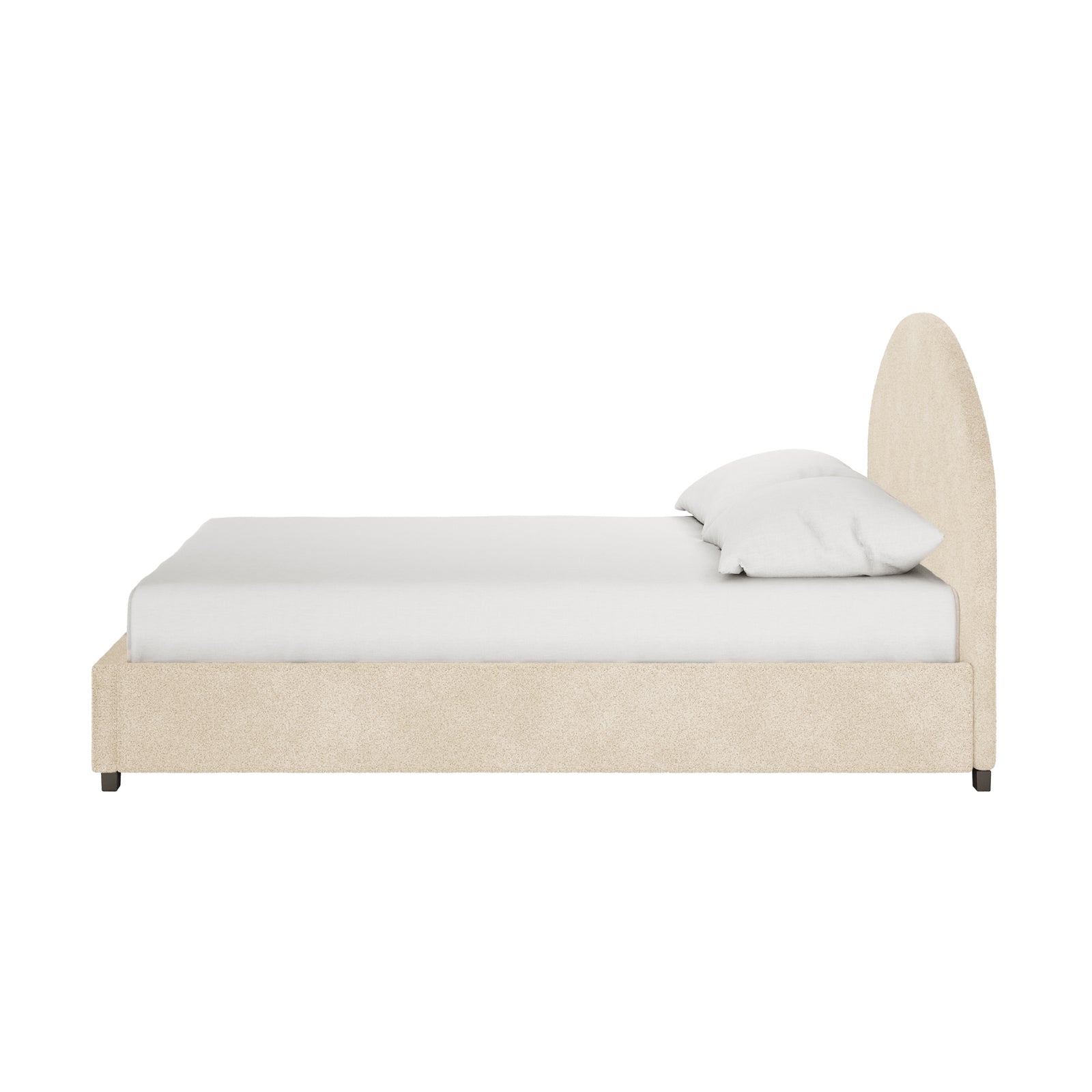 Lunia Double Bouclé Gas Lift Storage Bed Frame in Cream Beige, featuring a side-view of its upholstered platform, gently arched headboard, white mattress, and pillow, showcasing elegant design and practicality.