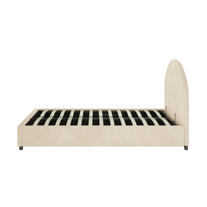 Lunia Bouclé Bed Frame w/ Gas Lift Storage - Cream Beige Double, showcasing a low-profile design with an upholstered platform, rounded headboard, and rectangular footboard, featuring spaced slats for mattress support.