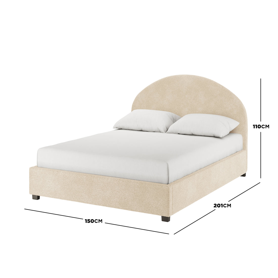 Lunia Double Bouclé Gas Lift Storage Bed Frame in Cream Beige, featuring a gently arched headboard, upholstered in soft bouclé fabric, with white bedding and pillows, showcasing dimensions and storage functionality.