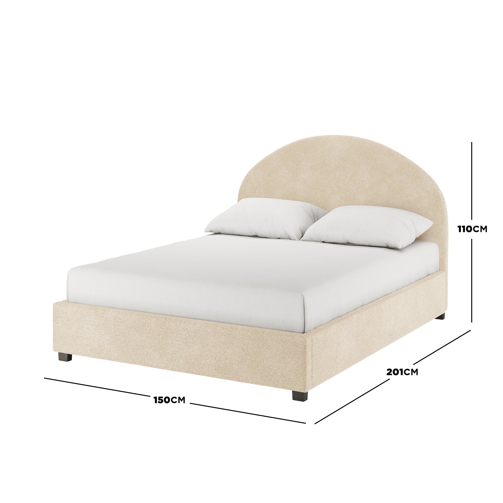 Lunia Double Bouclé Gas Lift Storage Bed Frame in Cream Beige, featuring a gently arched headboard, upholstered in soft bouclé fabric, with white bedding and pillows, showcasing dimensions and storage functionality.