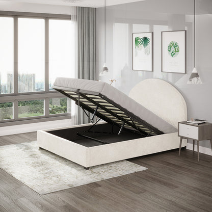 Lunia Double Bouclé Bed Frame with Gas Lift Storage in Cream White, showcasing a lifted mattress on a hydraulic frame, under-bed storage, cream-beige fabric, and minimalist bedroom decor with botanical prints.