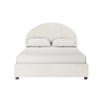 Lunia Double Bouclé Bed Frame with Gas Lift Storage in Cream White features a modern low platform, arched headboard, and fitted mattress, showcasing both style and practical under-bed storage.
