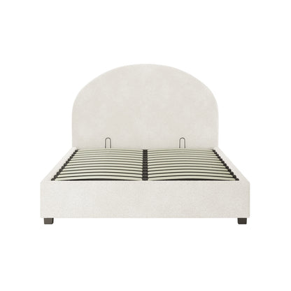 Lunia Double Bouclé Bed Frame with Gas Lift Storage features a gently arched headboard, sprung wood slats, and cream white bouclé upholstery, sitting on short wooden feet, offering elegance and practicality.