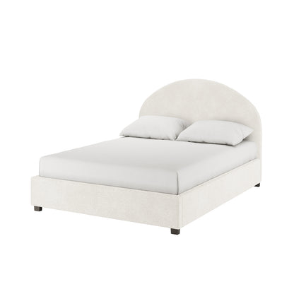 Lunia Double Bouclé Bed Frame with Gas Lift Storage features an arched headboard, low platform, and white bedding, showcasing its modern design and practical storage solution against a simple backdrop.