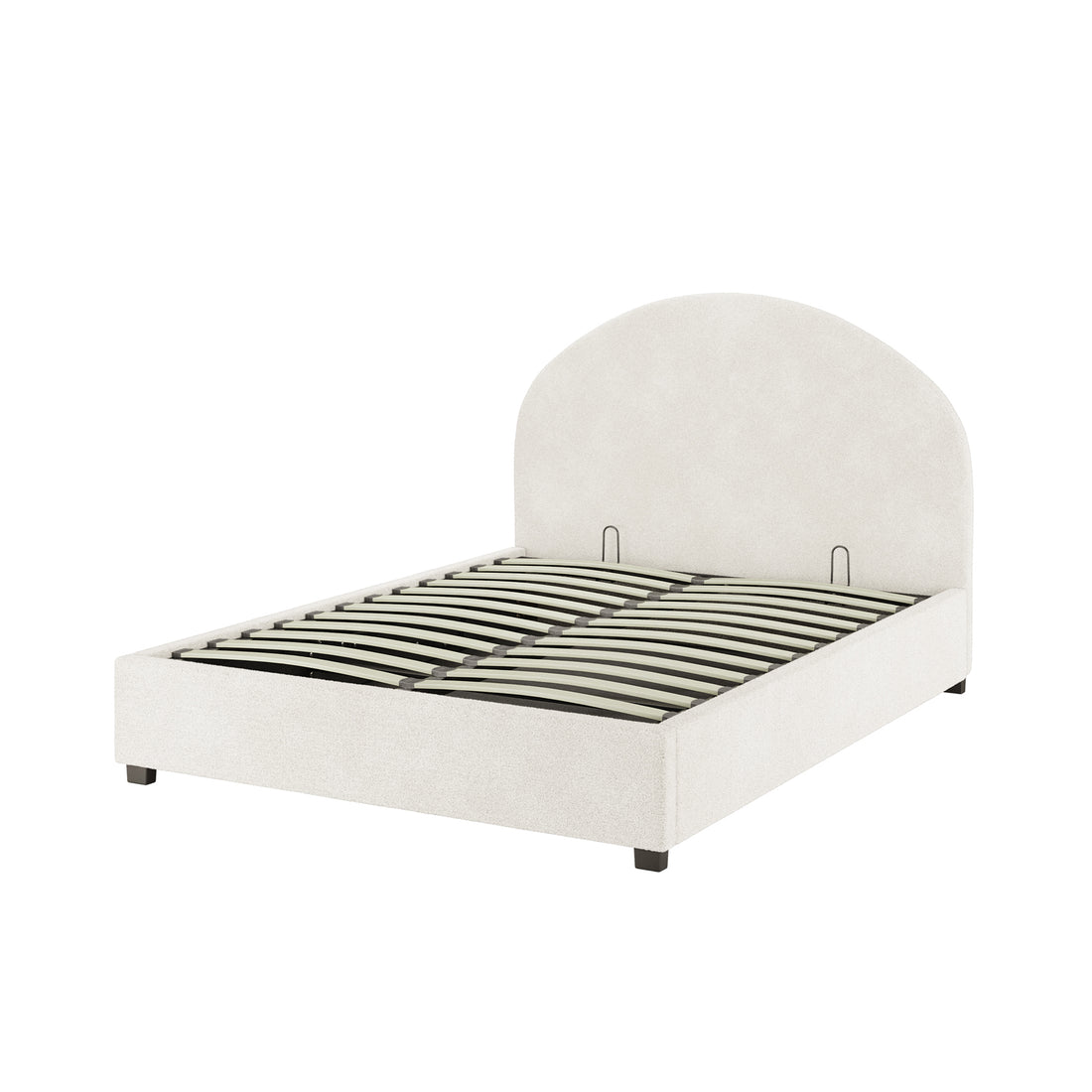 Lunia Double Bouclé Bed Frame with Gas Lift Storage features a low-profile design with a gently arched headboard, short block feet, and sprung wooden slats, upholstered in light, neutral fabric.