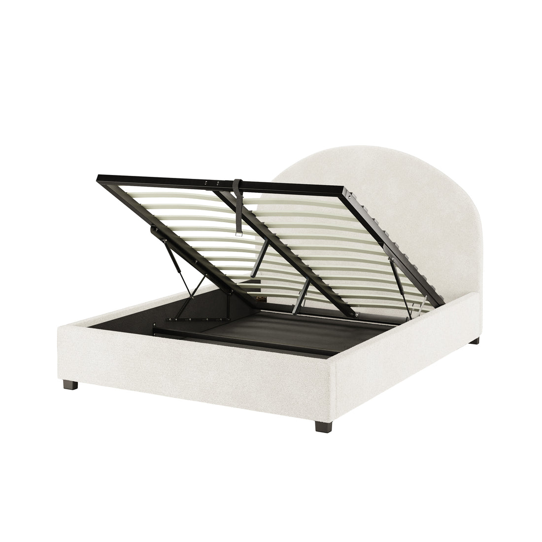 Lunia Double Bouclé Bed Frame with Gas Lift Storage—Cream White, featuring a gently curved headboard and short block legs. The slatted platform is raised, revealing spacious storage underneath.