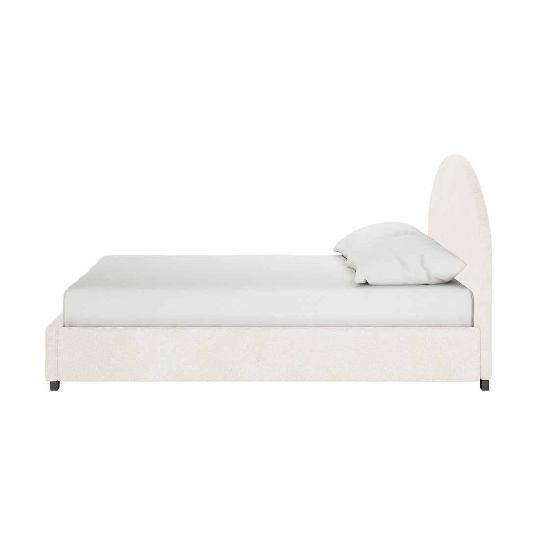 Lunia Double Bouclé Bed Frame with Gas Lift Storage – Cream White, features a low-profile design with an arched headboard, upholstered in off-white bouclé fabric, and dressed with plain white bedding and pillows.