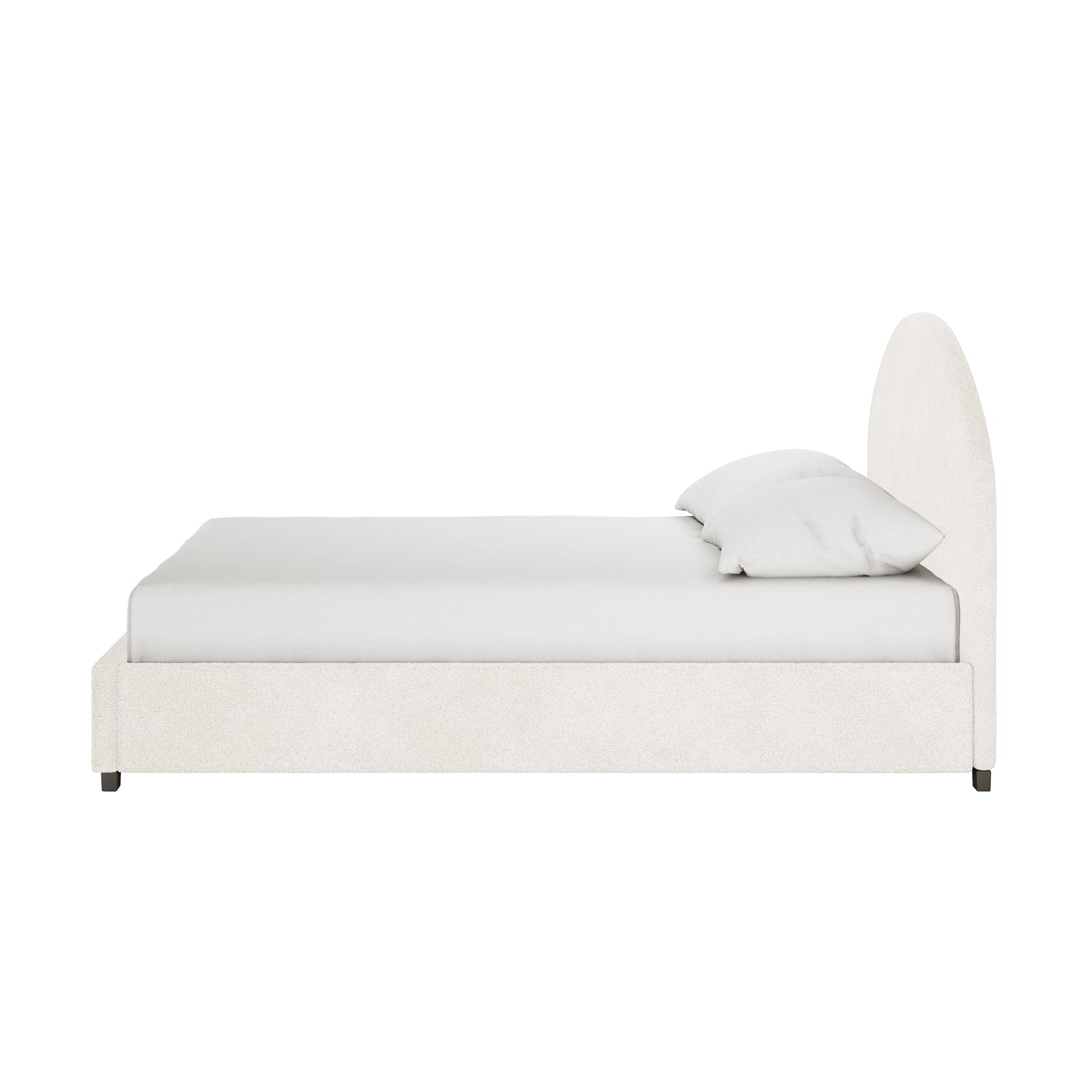 Lunia Double Bouclé Bed Frame with Gas Lift Storage – Cream White, features a low-profile design with an arched headboard, upholstered in off-white bouclé fabric, and dressed with plain white bedding and pillows.