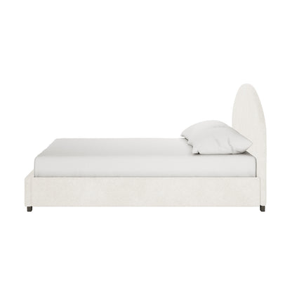Lunia Double Bouclé Bed Frame with Gas Lift Storage – Cream White, features a low-profile design with an arched headboard, upholstered in off-white bouclé fabric, and dressed with plain white bedding and pillows.