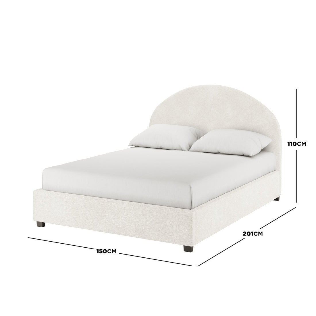 Lunia Double Bouclé Bed Frame with Gas Lift Storage in cream white, featuring an arch-style headboard, two pillows, a fitted mattress, and dimensions of 201x150x110cm, highlighting its elegant, modern design.