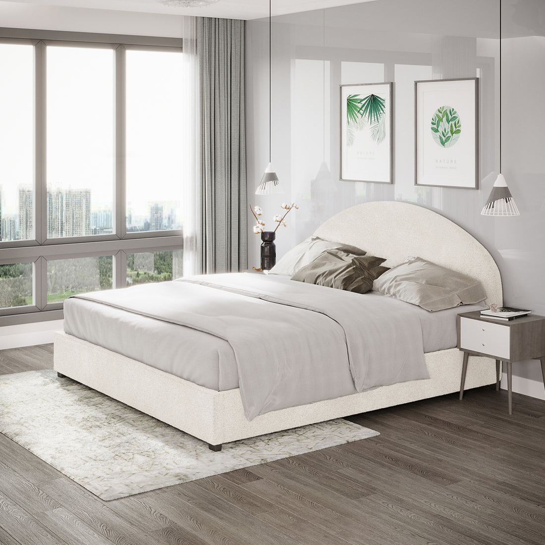 Lunia King Bouclé Bed Frame with Gas Lift Storage, upholstered in cream-white bouclé, features a sleek, modern design with a low-profile structure, seen in a bright, contemporary bedroom setting.