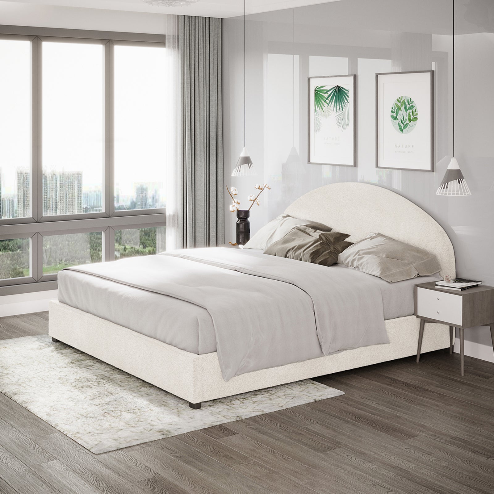 Lunia King Bouclé Bed Frame with Gas Lift Storage, upholstered in cream-white bouclé, features a sleek, modern design with a low-profile structure, seen in a bright, contemporary bedroom setting.