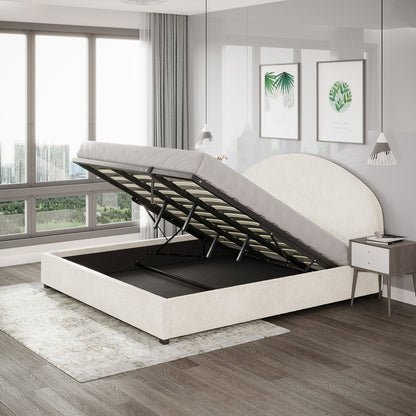 Lunia King Bouclé Bed Frame with Gas Lift Storage in a modern bedroom, featuring an open mattress platform revealing storage, a mid-century nightstand, pendant lights, and botanical prints reflected on a glossy wall.