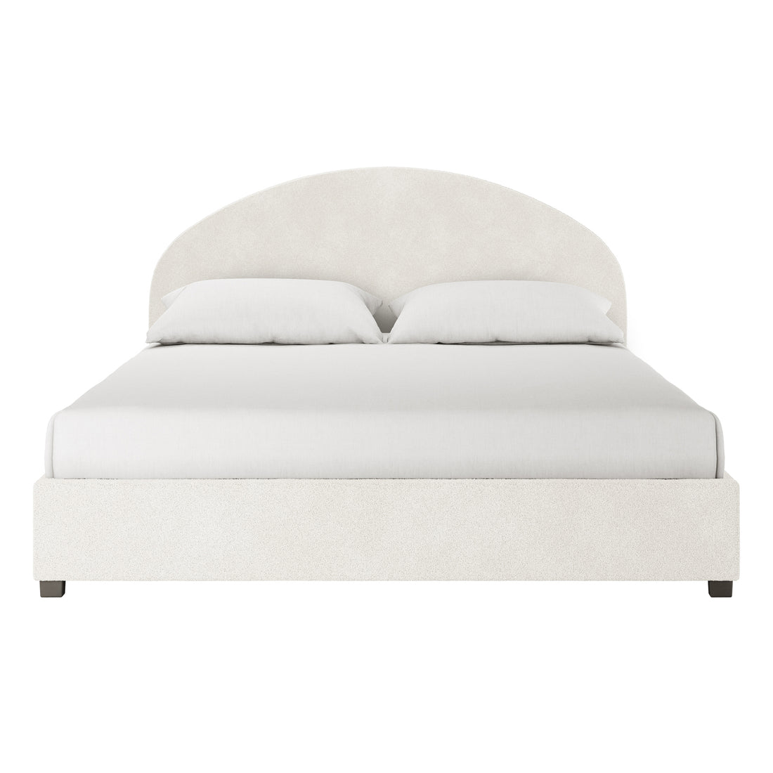Lunia King Bouclé Bed Frame with Gas Lift Storage features a modern arched headboard, low-profile frame, cream upholstery, and matching pillows, highlighting its sophisticated design and practical storage functionality.