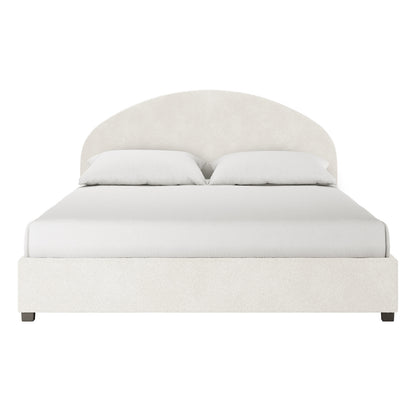 Lunia King Bouclé Bed Frame with Gas Lift Storage features a modern arched headboard, low-profile frame, cream upholstery, and matching pillows, highlighting its sophisticated design and practical storage functionality.