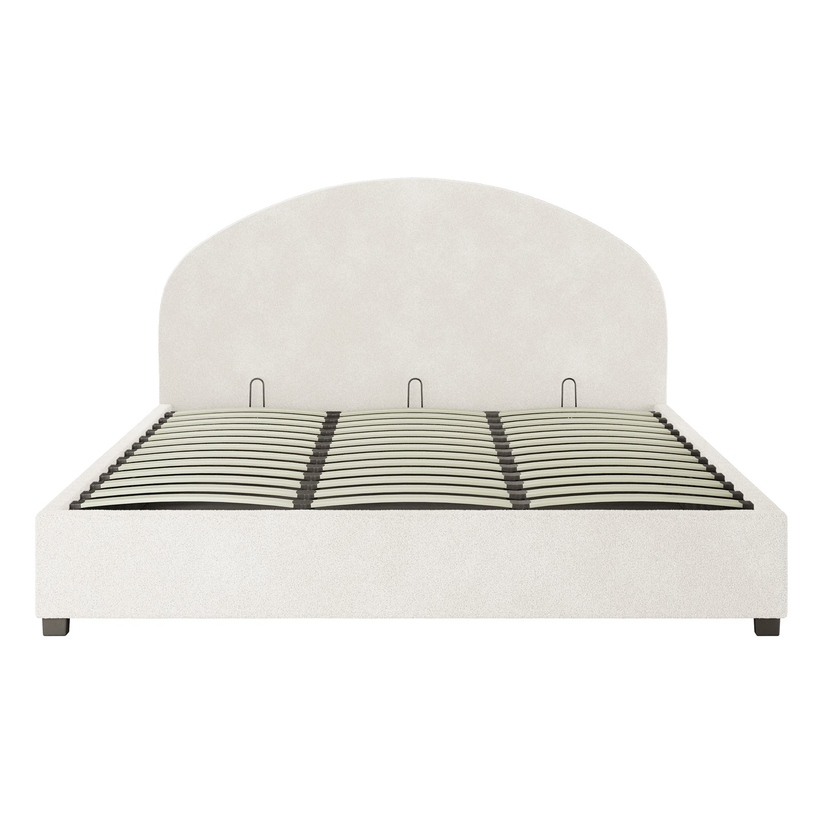 Lunia King Bouclé Bed Frame with Gas Lift Storage features a cream-white arched upholstered headboard, low dark feet, and sprung slats, offering modern elegance and hidden storage for bedroom organization.