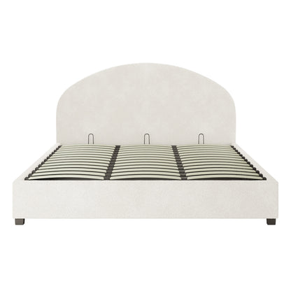 Lunia King Bouclé Bed Frame with Gas Lift Storage features a cream-white arched upholstered headboard, low dark feet, and sprung slats, offering modern elegance and hidden storage for bedroom organization.