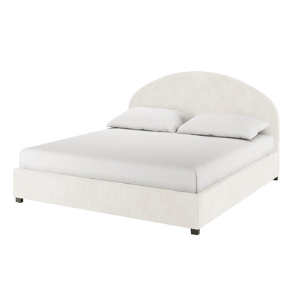 Lunia King Bouclé Bed Frame with Gas Lift Storage features a minimalist design with an upholstered platform in cream fabric, curved headboard, and fitted sheet, showcasing modern elegance and practical under-bed storage.