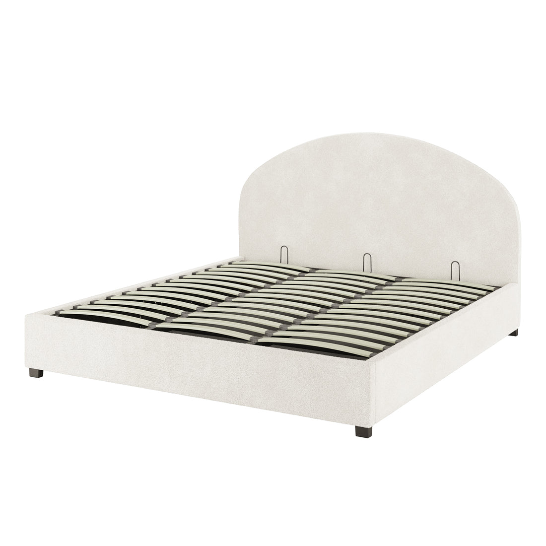Lunia King Bouclé Bed Frame with Gas Lift Storage features a curved headboard, upholstered in light fabric, resting on low square legs, with flexible slats for support, offering practical elegance and ample storage space.