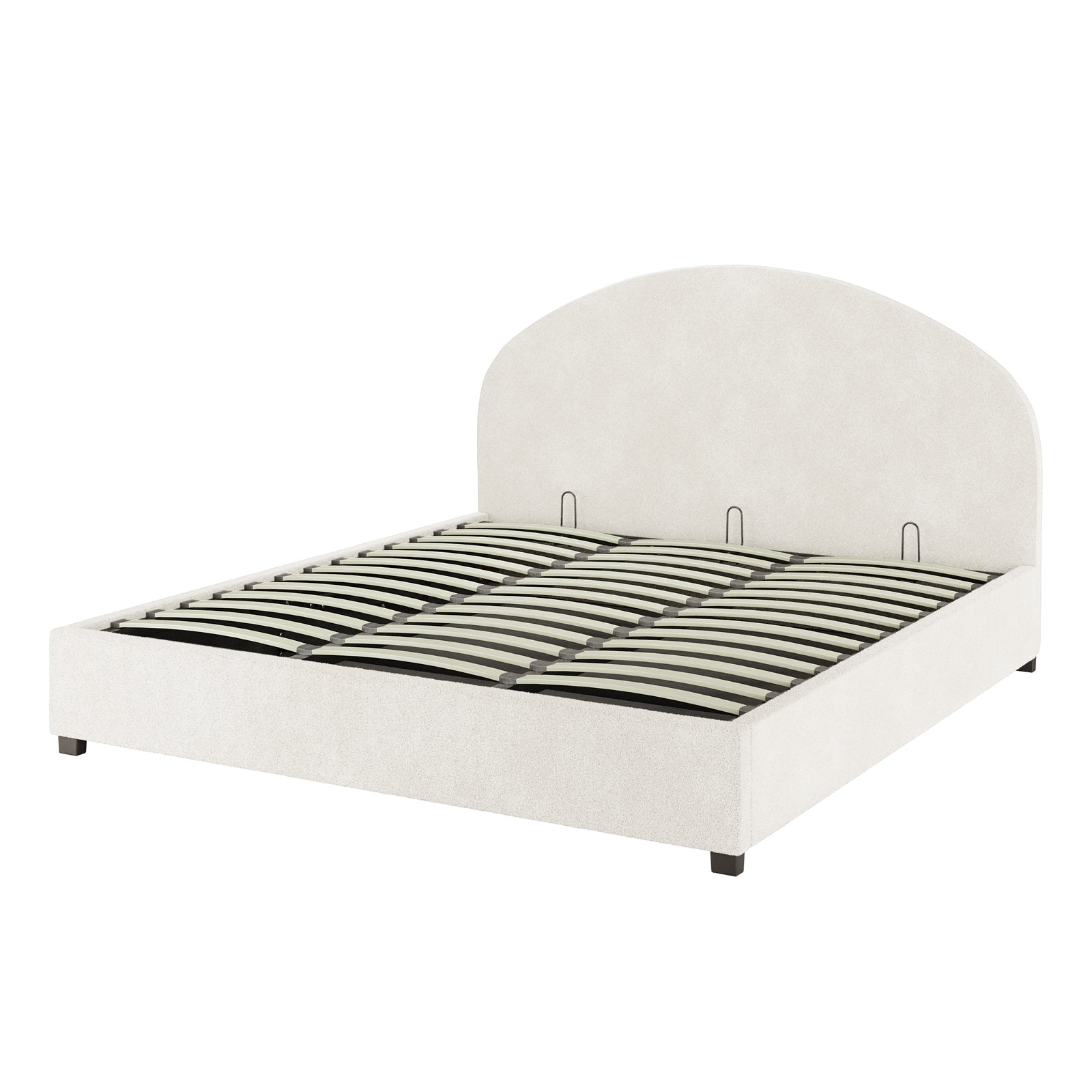 Lunia King Bouclé Bed Frame with Gas Lift Storage features a curved headboard, upholstered in light fabric, resting on low square legs, with flexible slats for support, offering practical elegance and ample storage space.