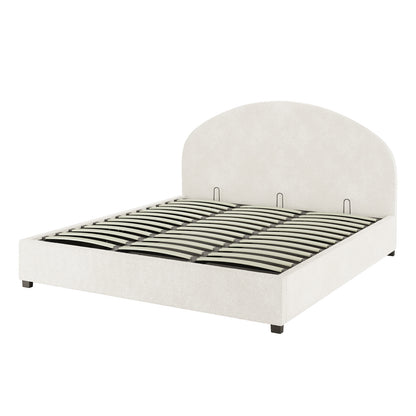 Lunia King Bouclé Bed Frame with Gas Lift Storage features a curved headboard, upholstered in light fabric, resting on low square legs, with flexible slats for support, offering practical elegance and ample storage space.